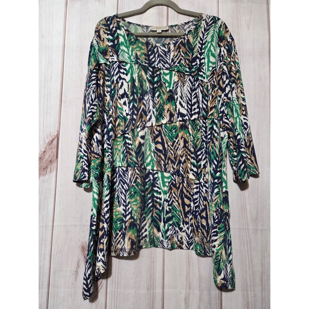 Southern Lady Green Navy Tropical Feather Print Sharkbite Tunic XL 3/4 Sleeve
